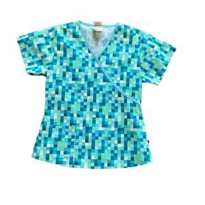 Landau Teal Print Scrub Top Small
